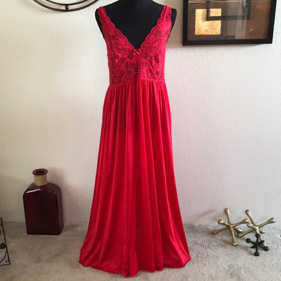 Vintage Olga Esque Red Full Sweep Long Maxi Nightgown Full Slip Dress Lingerie - Picture 1 of 8